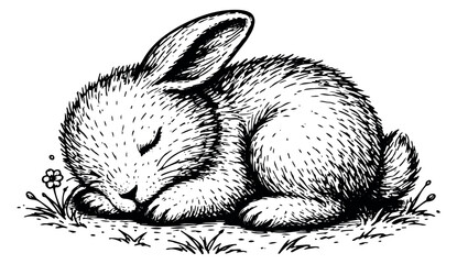 Hand drawn line art illustration of a cute bunny depicting peaceful sleep for nature themes