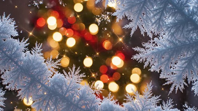 A festive winter scene with blurred Christmas tree lights and frosted white branches framing the view.