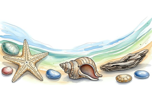 Watercolor seashells starfish and ocean waves border design for summer beach themed projects and coastal decorations.