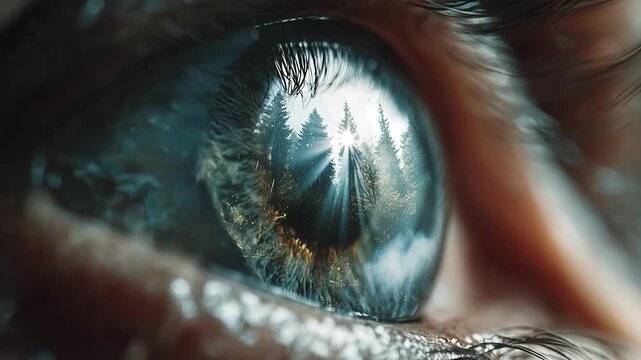 Close-up human eye reflection showing dense pine forest landscape in blue iris, nature vision surreal macro photography