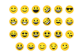 Fototapeta premium Set of yellow smiley emoji faces with various expressions isolated on white background. Fun emoticon collection for chat, social media, app UI, stickers, web design, and digital communication.