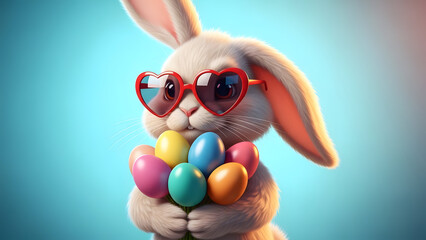 Cute Easter Bunny with Heart Sunglasses Holding Colorful Eggs Vector Illustration