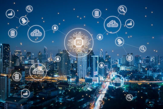 Ai technology conceptual with city view cloud computing data analysis cyber security - Powered by Adobe