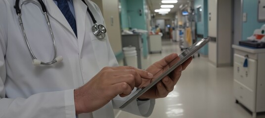 doctor using a digital tablet in a hospital hallway for patient data or telehealth.