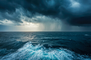 Dark storm clouds gather over a turbulent ocean with heavy rain visible in the distance and foamy waves crashing in the foreground under dramatic lighting