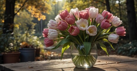 soft pink and white tulips in a glass vase on a wooden table bathed in warm autumn sunlight.