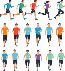 Fototapeta premium Flat vector character set of men and women runners jogging and sprinting in various poses for athletic training and fitness lifestyle branding.