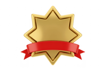 Gold star with red ribbon banner recognition achievement isolated on a transparent background