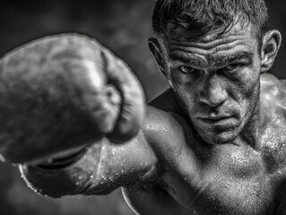Intense close-up of a muscular male boxer throwing a powerful punch with focused determination in a dramatic black and white sports portrait photograph