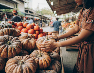 woman selecting pumpkins at autumn market, seasonal shopping concept, warm earthy tones, soft daylight