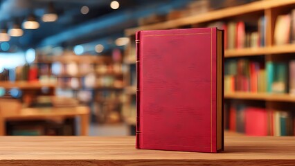 Red book standing vertically on a wooden table in library