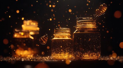 A close-up of honey jars with a bee flying nearby, surrounded by golden particles and a dark background.
