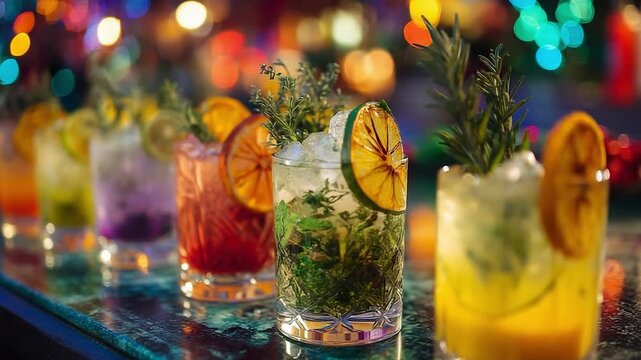 Row of colorful cocktails green purple orange pink with lime rosemary orange slices, bokeh lights bar drinks assortment