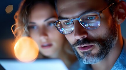 Professional bearded man with glasses working late at computer with female colleague in modern office environment with warm ambient lighting.