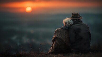 Senior couple sitting together watching sunset over mountains, romantic elderly man and woman embracing outdoors, golden hour landscape view, love and togetherness.