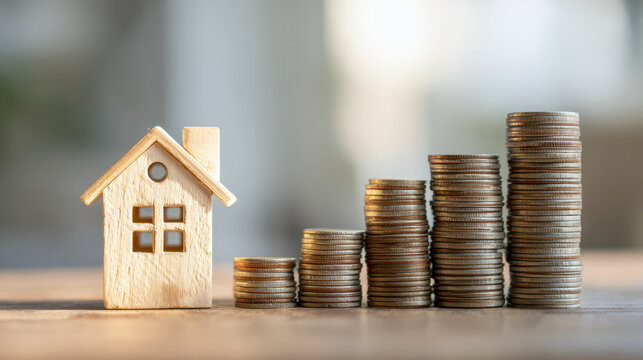 Small wooden house figurine next to ascending stacks of coins symbolizing real estate investment growth and increasing property value over time