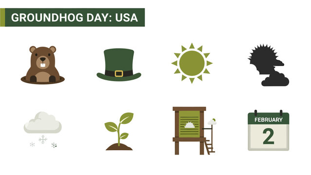 Icons related to Groundhog Day groundhog hat sun shadow snow sprout hut calendar