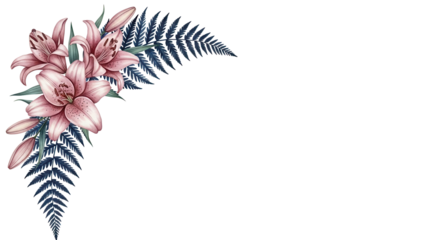 Luxury watercolor corner design featuring lilies and fern in navy and dusty rose isolated on white background