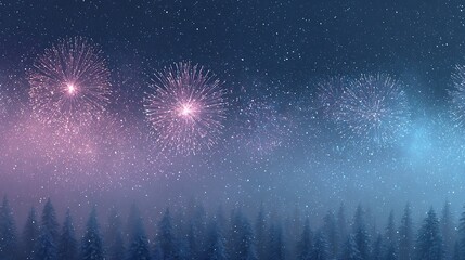 Fireworks illuminating snowy pine forest festive night