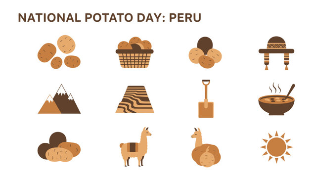 Twelve brown and tan flat icons illustrating Peruvian potato culture including potatoes mountains llamas and food