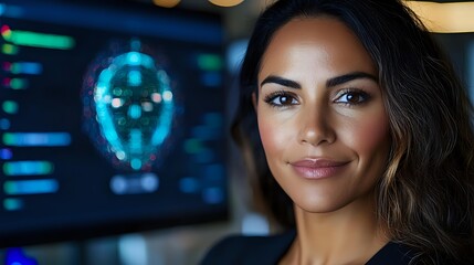 Young Hispanic woman cybersecurity analyst working in modern tech control room with holographic skull display and digital security interface background.