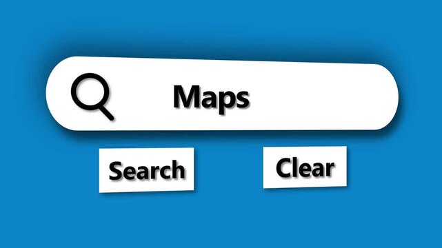 Search bar with text Maps and buttons Search and Clear on blue background Keywords: search, bar, maps, text, input, field, query, online, internet, web, browser, engine, information, data