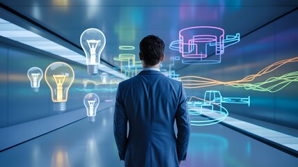 Business analyst viewing digital strategy diagrams on large screen in modern office