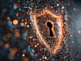 Abstract glowing digital shield with keyhole symbolizing cybersecurity protection and data privacy in a futuristic technology environment with bokeh effects