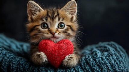 Adorable tabby kitten holding red knitted heart on cozy blue blanket, expressing love and affection for Valentine's Day greeting cards and romantic designs.