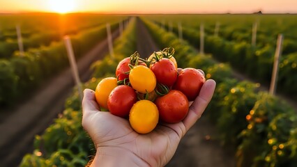 Fresh organic tomatoes harvest in farmer hand at sunset vineyard rows agricultural field farm produce healthy vegetables growing season.