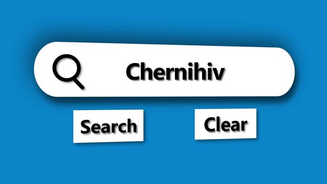 Search bar with Chernihiv typed in and search and clear buttons on blue background Ukraine city