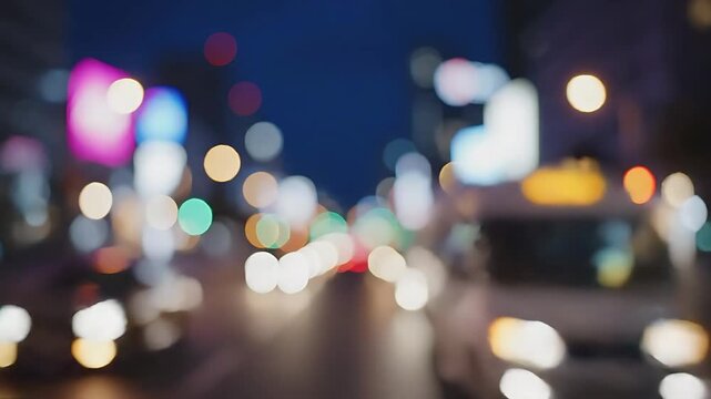 Blurred Night City Traffic Lights with Moving Vehicles in Urban Environment