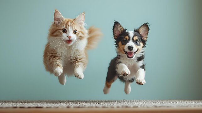 Adorable orange tabby kitten and tricolor puppy jumping together in mid-air against soft blue background, capturing playful energy and friendship.