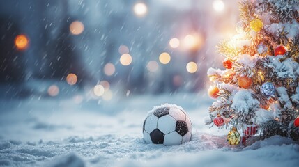 Fototapeta premium a cozy winter scene with a soccer ball resting in fluffy snow beside a glowing christmas tree adorned with sparkling lights and colorful ornaments creating a festive and inviting holiday ambiance