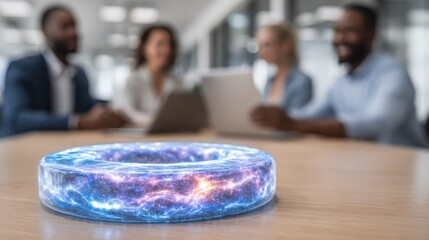 modern office workspace with holographic technology for team collaboration at a shared desk