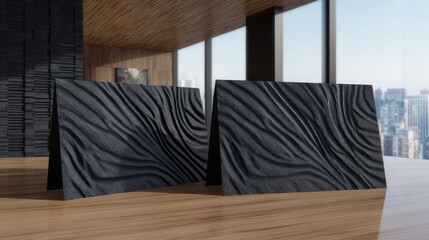 sophisticated black business card layout showcased on a sleek wooden desk in a contemporary office environment