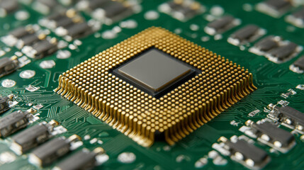 Detailed view of a computer microprocessor with gold connector pins mounted on a green printed circuit board showcasing advanced electronic technology components