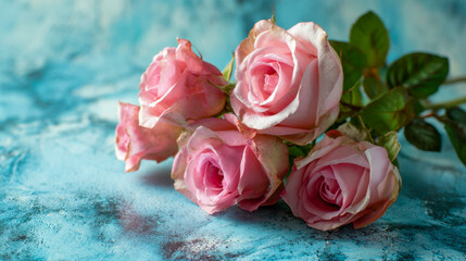 Elegant pink roses with soft petals and green leaves placed on a textured blue surface creating a delicate and romantic floral arrangement scene