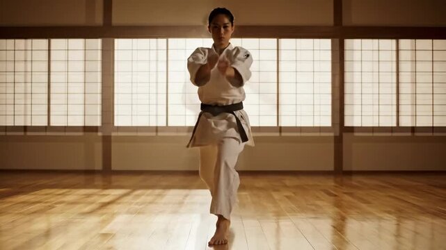 Young woman practicing karate in a traditional dojo with shoji screens in the background, demonstrating a martial arts stance.