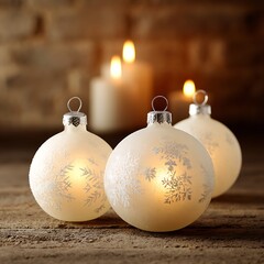 Frosted glass ornaments glowing under festive candlelight