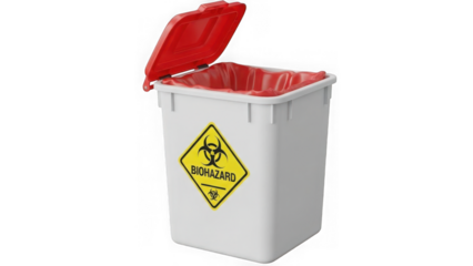 Biohazard trash can with open red lid