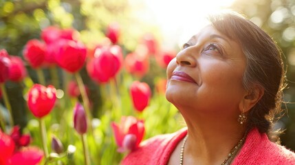 Naklejka premium a woman of hispanic descent wearing a coral sweater enjoying the peaceful garden as the sun sets her tranquil demeanor complements the blooming tulips in the backdrop embracing the essence of springt