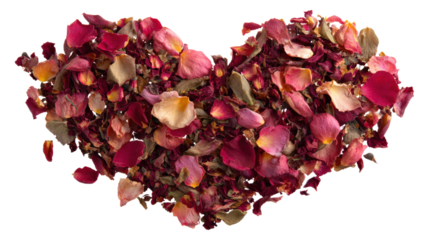 Dried rose petals in heart shape on transparent background for valentine's day