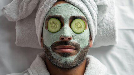 Man enjoying a relaxing skincare treatment with a green facial mask and fresh cucumber slices over his eyes while lying on a spa bed with a towel-wrapped head