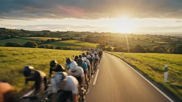 A long line of cyclists riding on a winding road through green hills at sunset, with a golden sky.