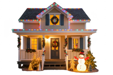 House decorated with Christmas lights and snowman decorations isolated on a transparent background