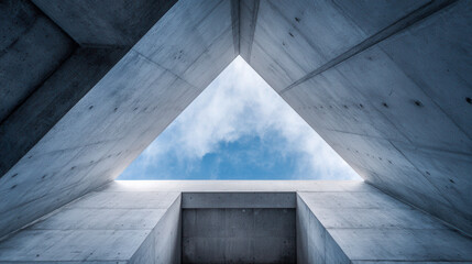 Architectural view looking up through a geometric concrete structure revealing a triangular patch of blue sky and soft clouds above