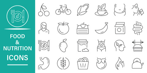 Food and Nutrition icon set. Minimalist linear icons. Meals, drinks, fruits, protein, fitness, vitamins, healthy fats and more concept. Vector collection.