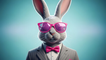 Stylish Bunny with Pink Sunglasses and Bow Tie in Business Suit Vector Illustration