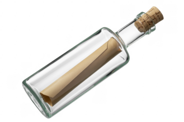 Message in a glass bottle with cork note isolated on a transparent background